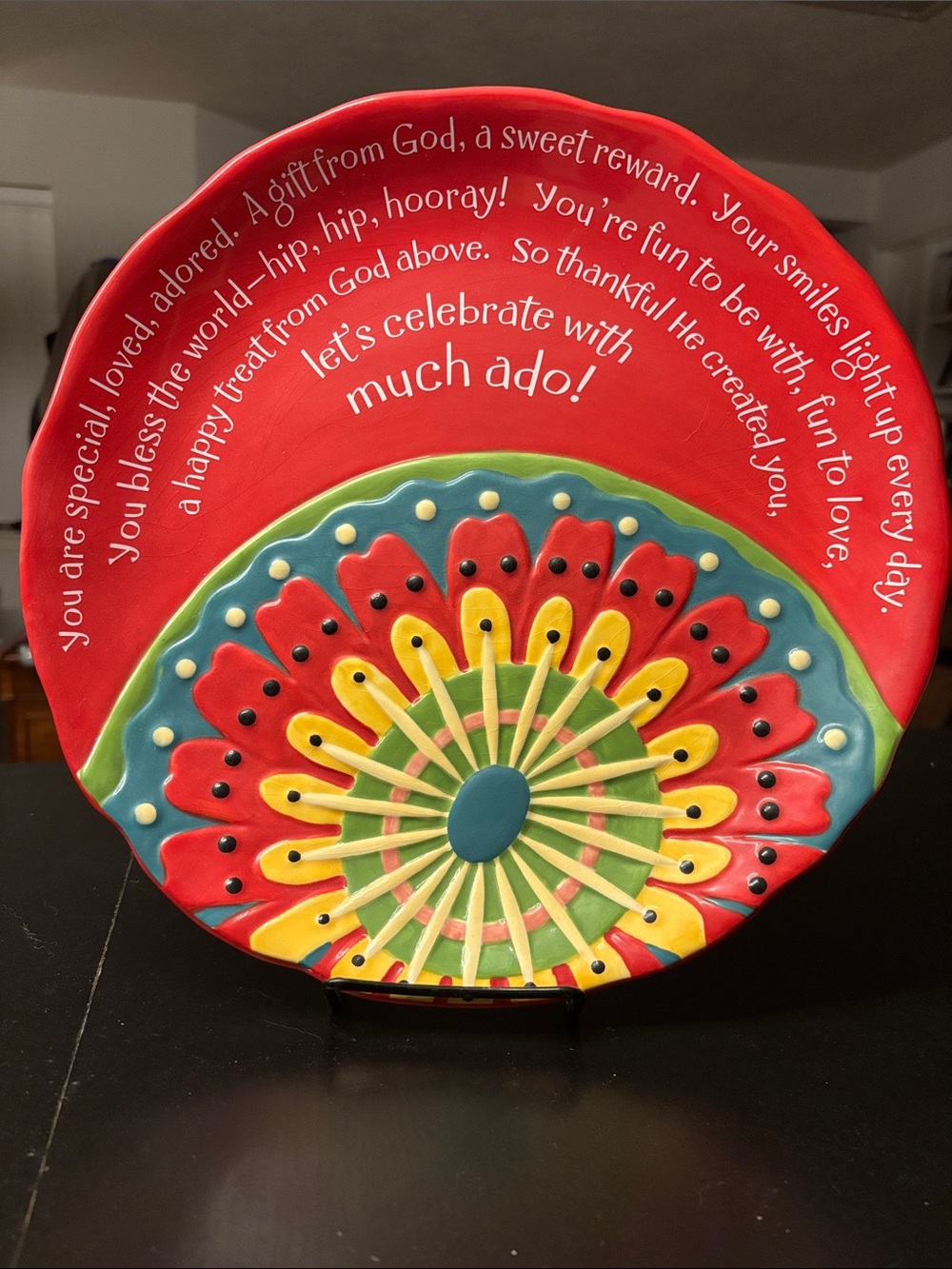 Hand-Painted Red Floral Celebration Ceramic Plate